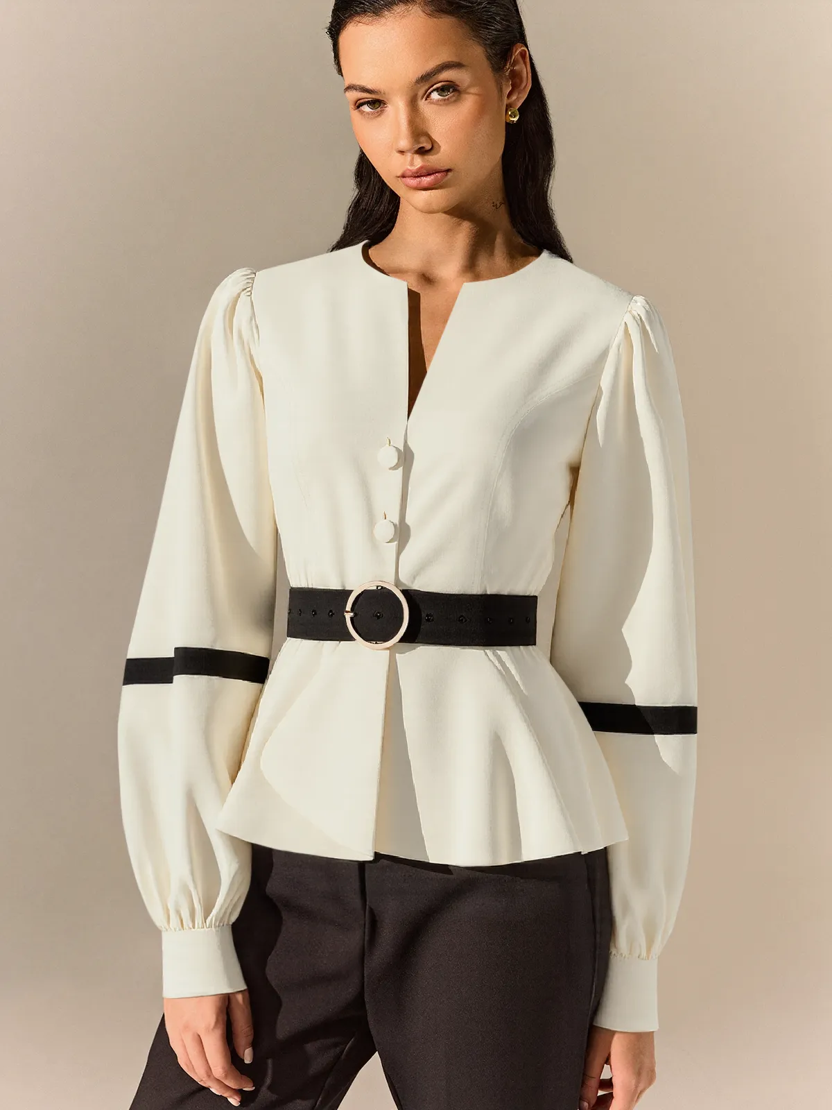 Contrast Belted Balloon Sleeve Shirt sold by COMMENSE product image thumbnail 2