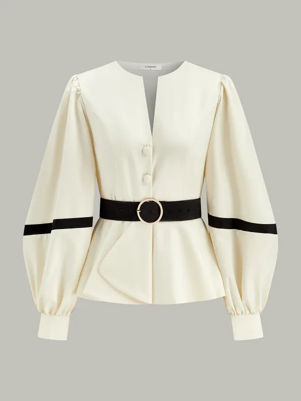 Contrast Belted Balloon Sleeve Shirt sold by COMMENSE
