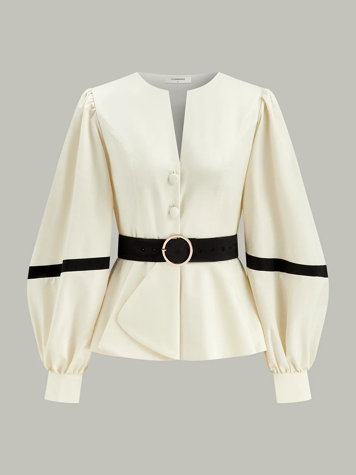 Contrast Belted Balloon Sleeve Shirt sold by COMMENSE