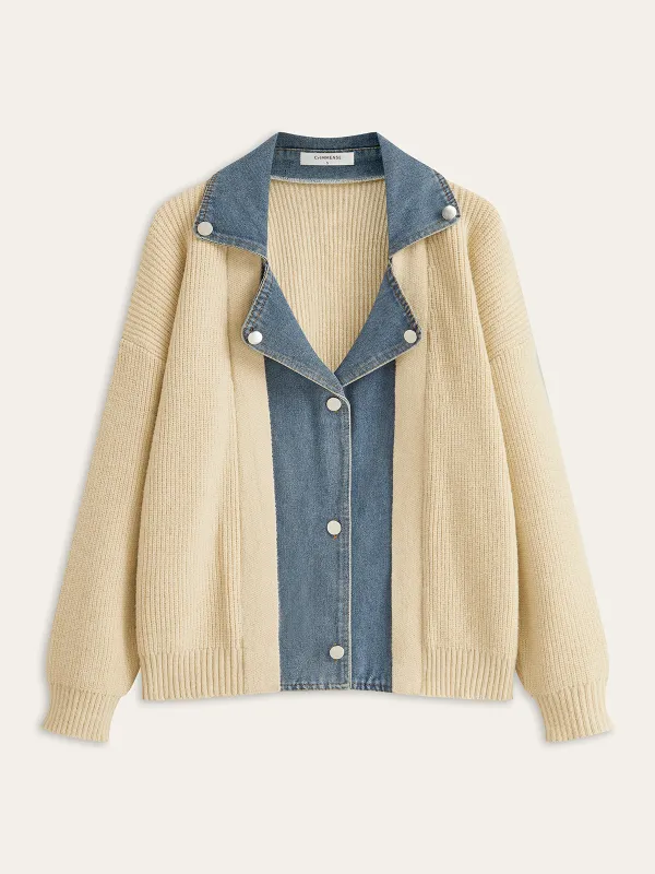 Denim Panel Button Knit Cardigan sold by COMMENSE