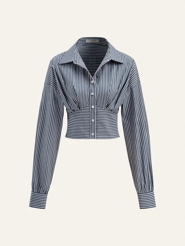 Striped Cinched Waist Cropped Shirt sold by COMMENSE