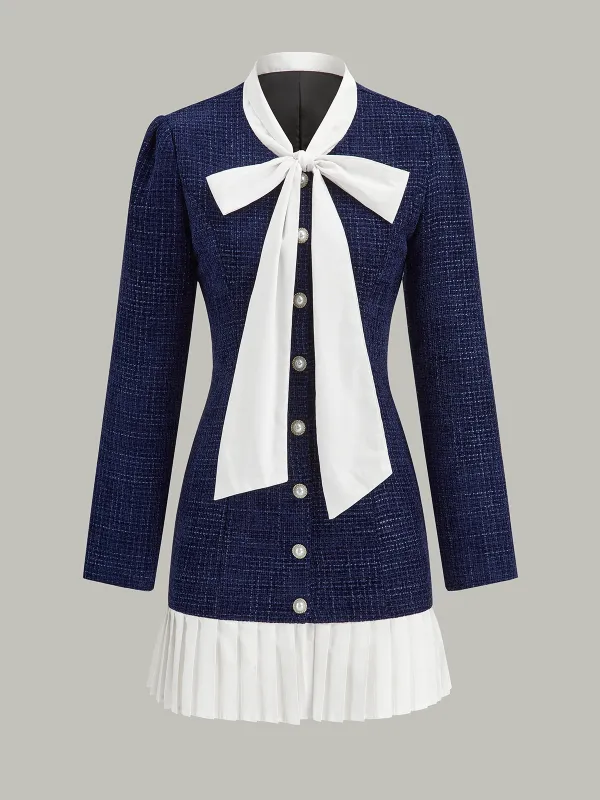 Pleated Hem Bow Neckline Tweed Mini Dress sold by COMMENSE