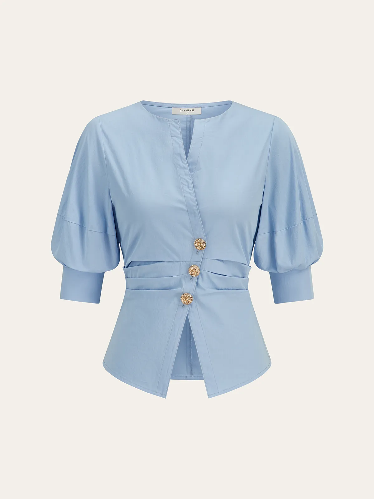 Asymmetric Metal Button Puff-Sleeve Shirt sold by COMMENSE