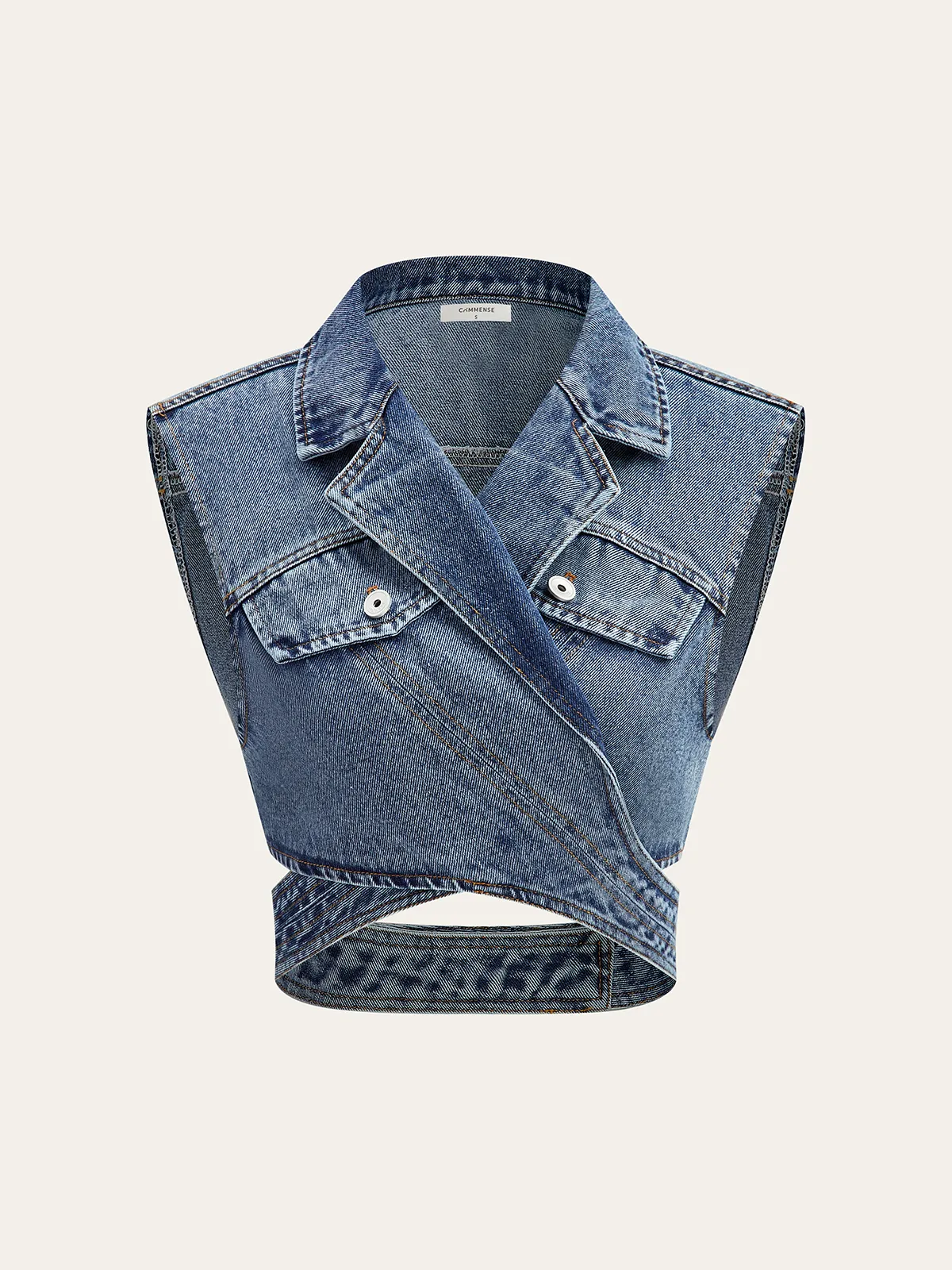 Asymmetric Wrap Denim Lapel Crop Vest sold by COMMENSE