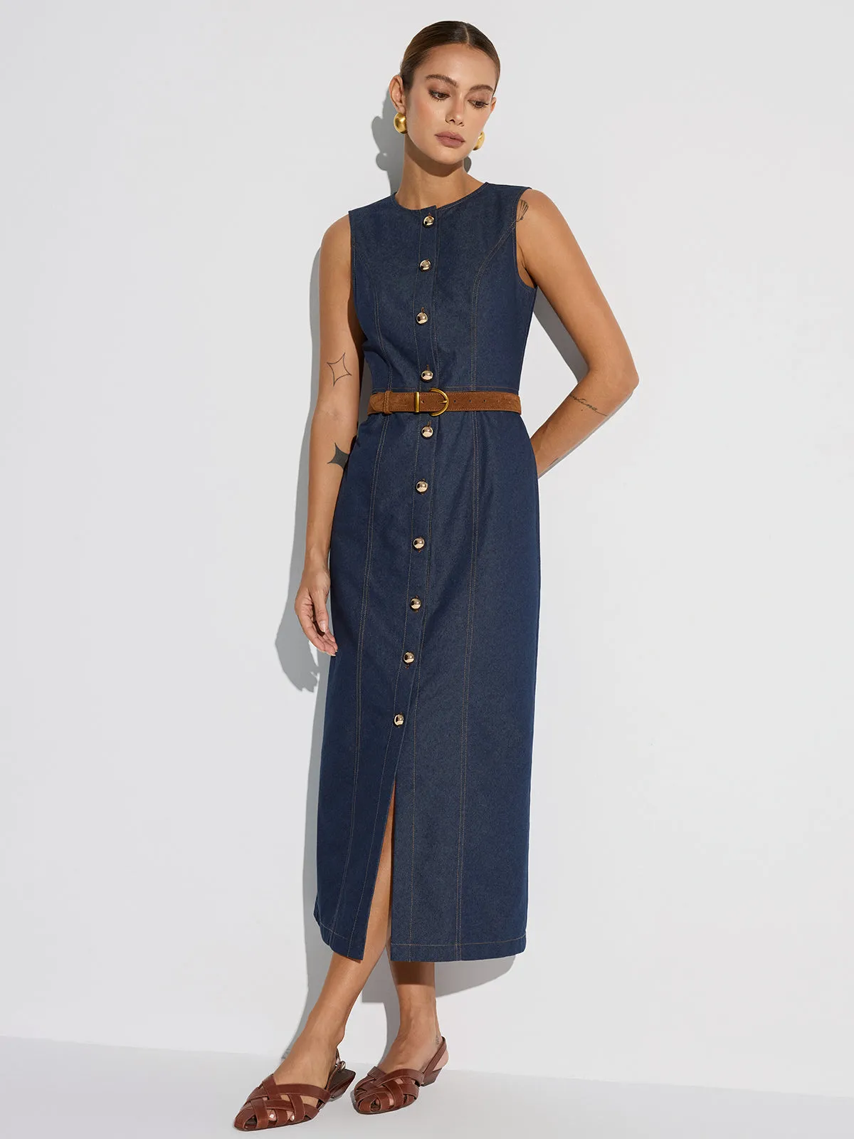 Button-Front Sleeveless Denim Maxi Dress sold by COMMENSE product image thumbnail 5