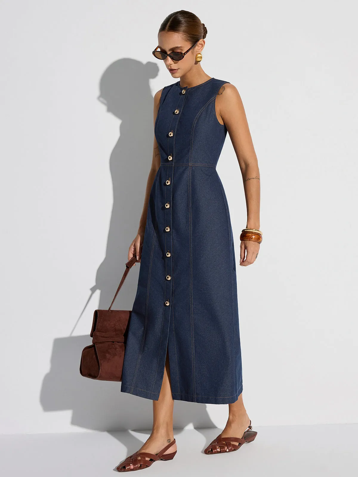 Button-Front Sleeveless Denim Maxi Dress sold by COMMENSE product image thumbnail 2