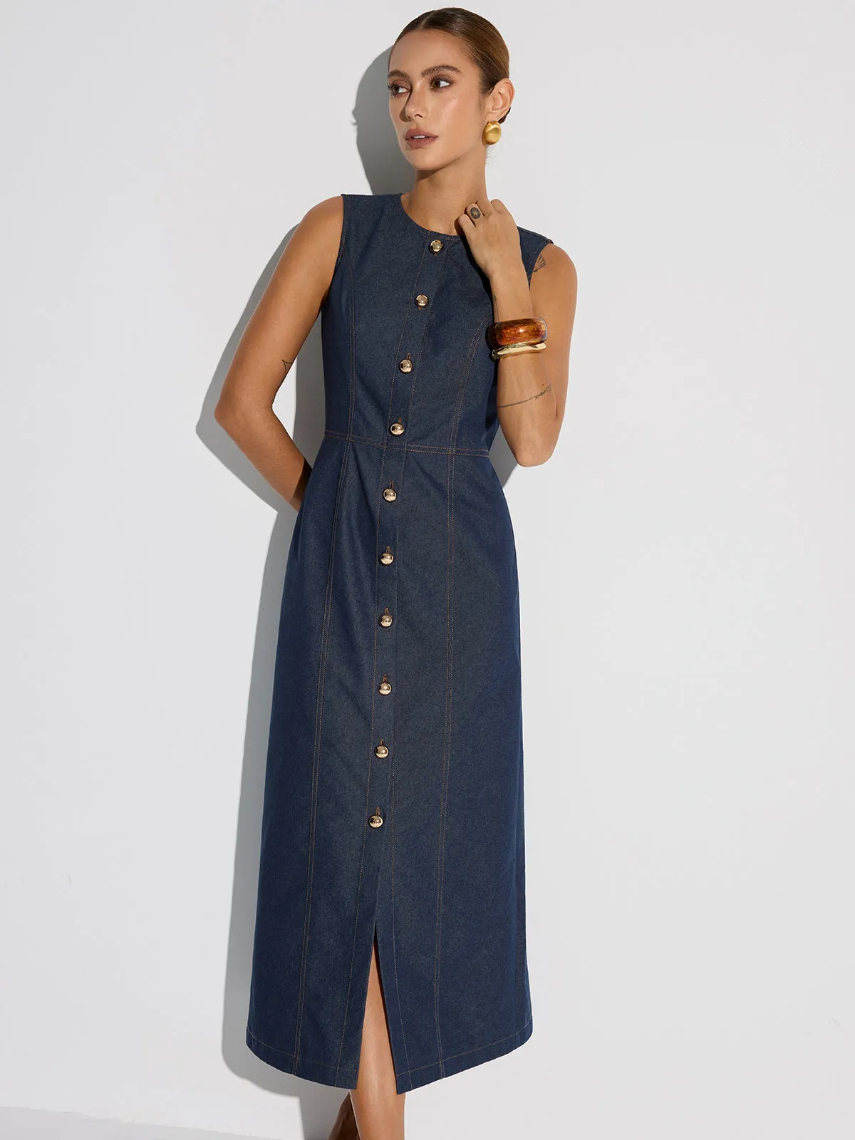Button-Front Sleeveless Denim Maxi Dress sold by COMMENSE product image thumbnail 3