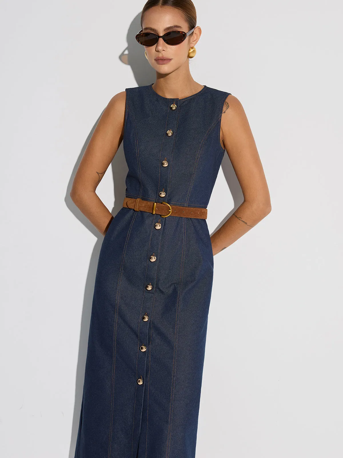 Button-Front Sleeveless Denim Maxi Dress sold by COMMENSE product image thumbnail 4