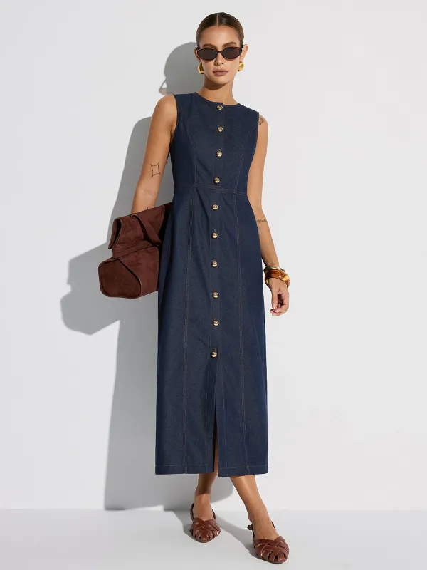 Button-Front Sleeveless Denim Maxi Dress sold by COMMENSE