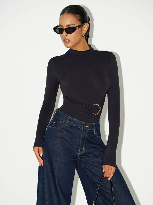 Metal Buckle Stand Collar Long Sleeve Bodysuit sold by COMMENSE
