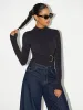 Metal Buckle Stand Collar Long Sleeve Bodysuit sold by COMMENSE