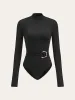 Metal Buckle Stand Collar Long Sleeve Bodysuit sold by COMMENSE