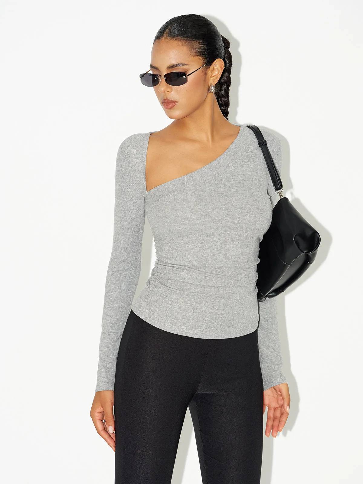 Asymmetric Neckline Ruched Long Sleeve Blouse sold by COMMENSE product image thumbnail 4