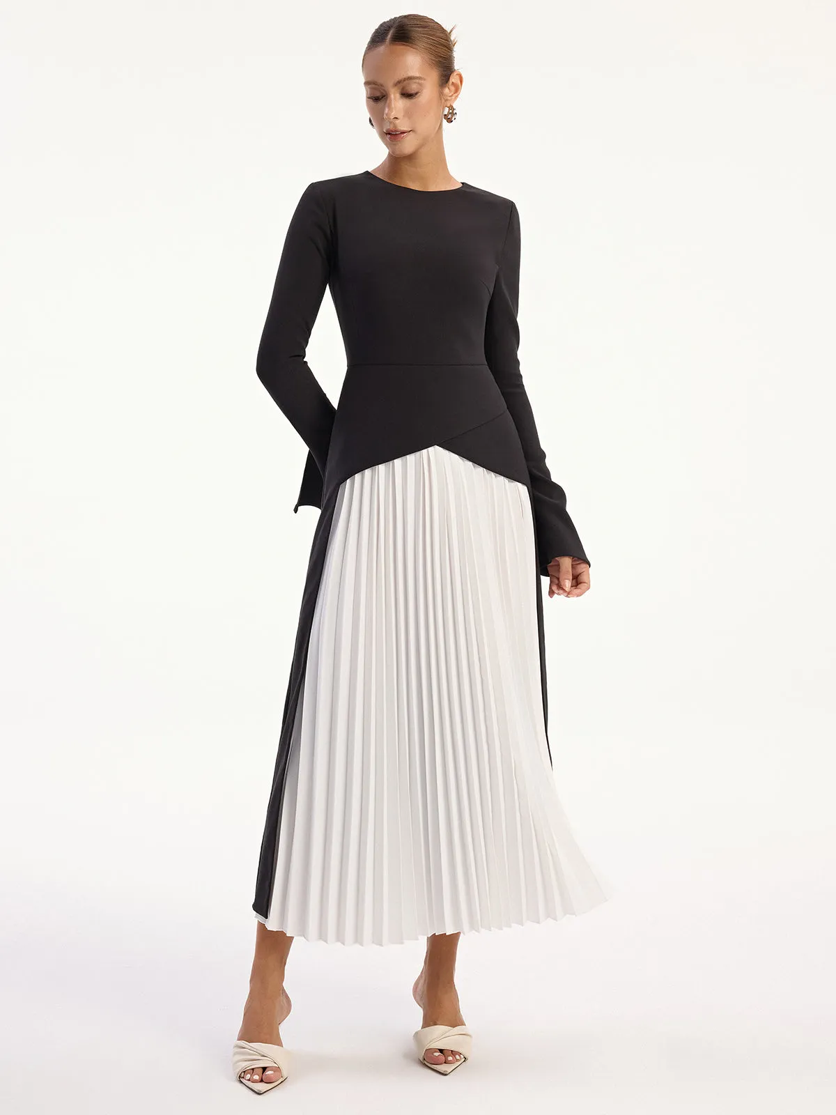 Two-Tone Long Sleeve Pleated Midi Dress sold by COMMENSE