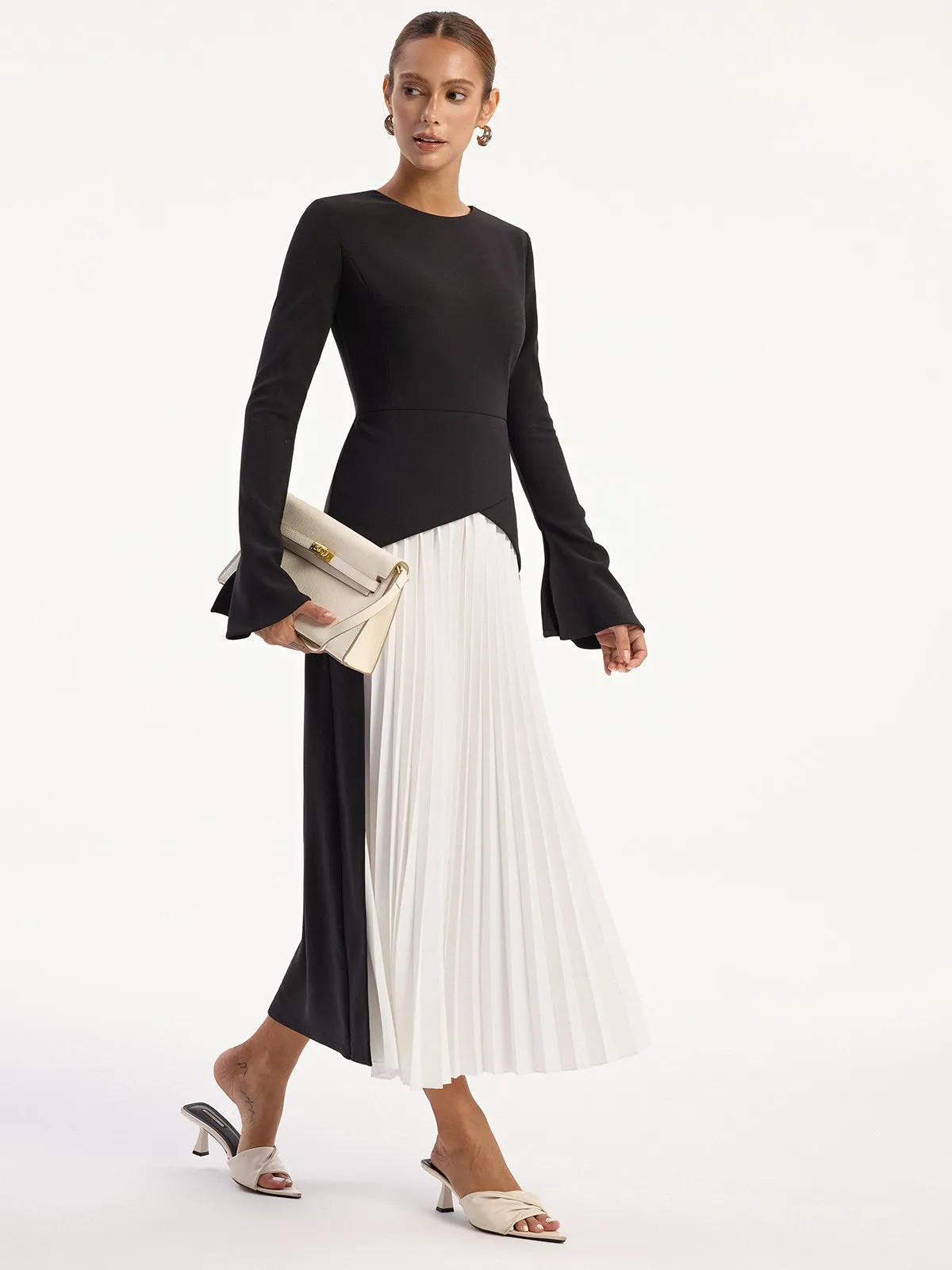 Two-Tone Long Sleeve Pleated Midi Dress sold by COMMENSE product image thumbnail 2