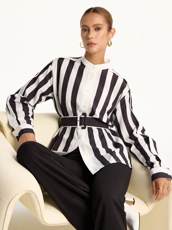 Contrast Striped Belted Shirt sold by COMMENSE