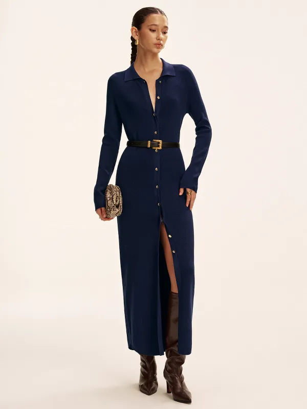 Long Sleeve Button Knit Maxi Dress without Belt sold by COMMENSE