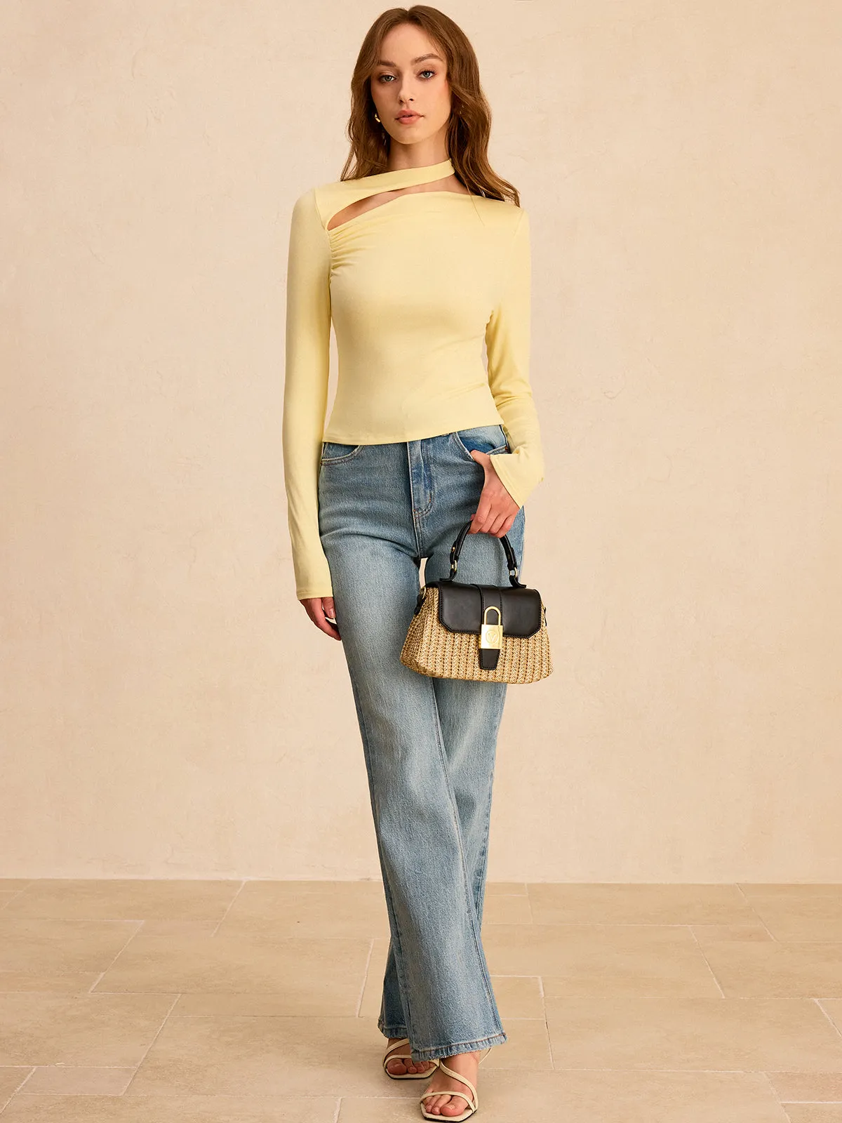 Asymmetric Cut-Out Ruched Long Sleeve Blouse sold by COMMENSE product image thumbnail 5