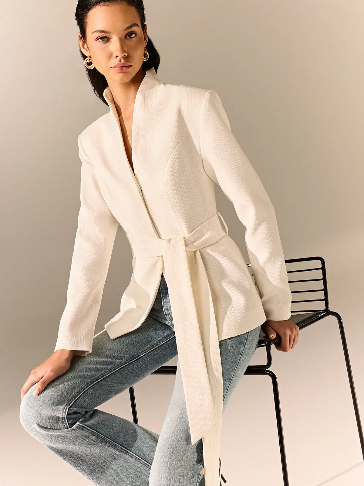Stand Collar Belted Long Sleeve Blazer sold by COMMENSE product image thumbnail 4
