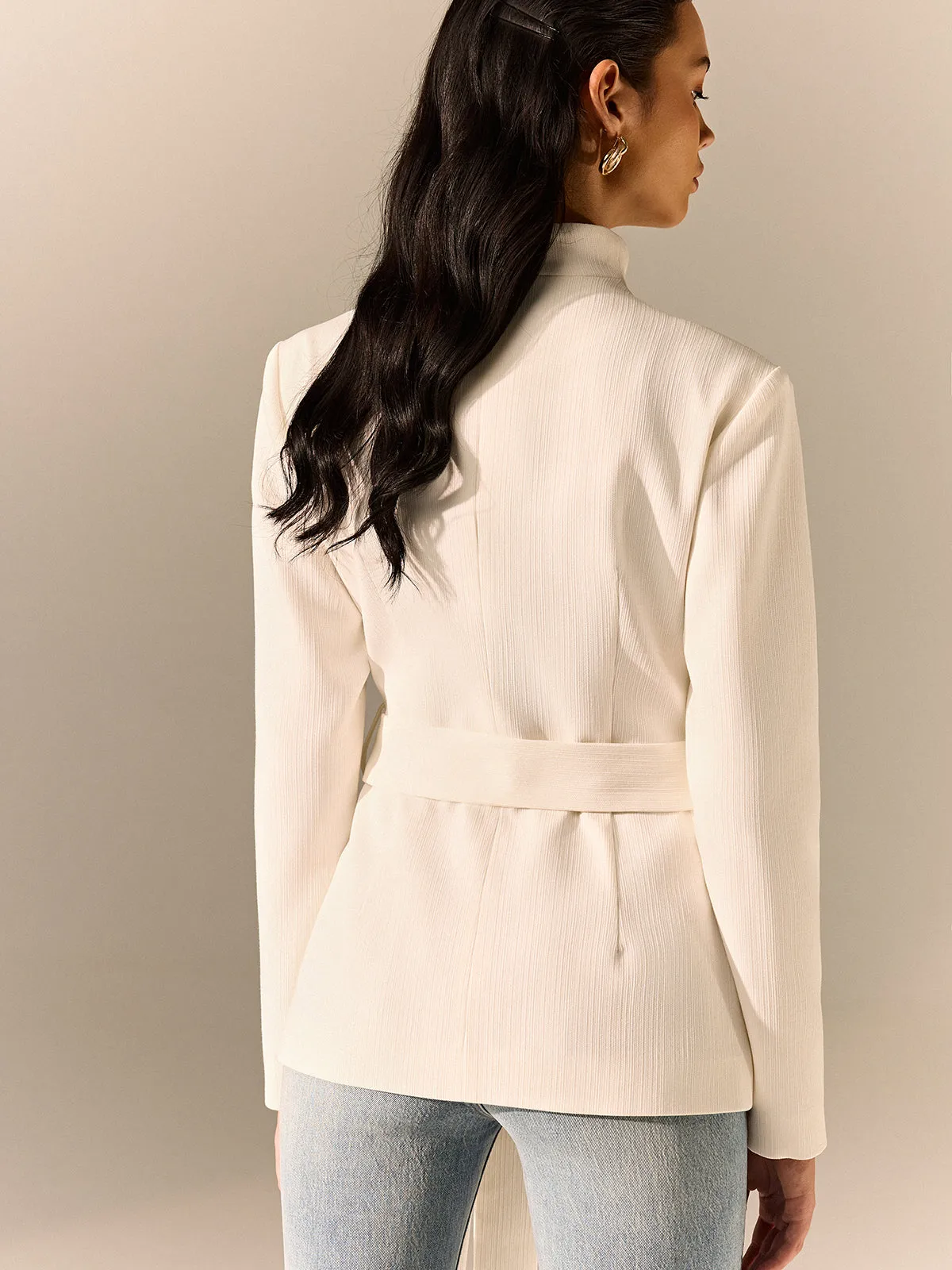 Stand Collar Belted Long Sleeve Blazer sold by COMMENSE product image thumbnail 5