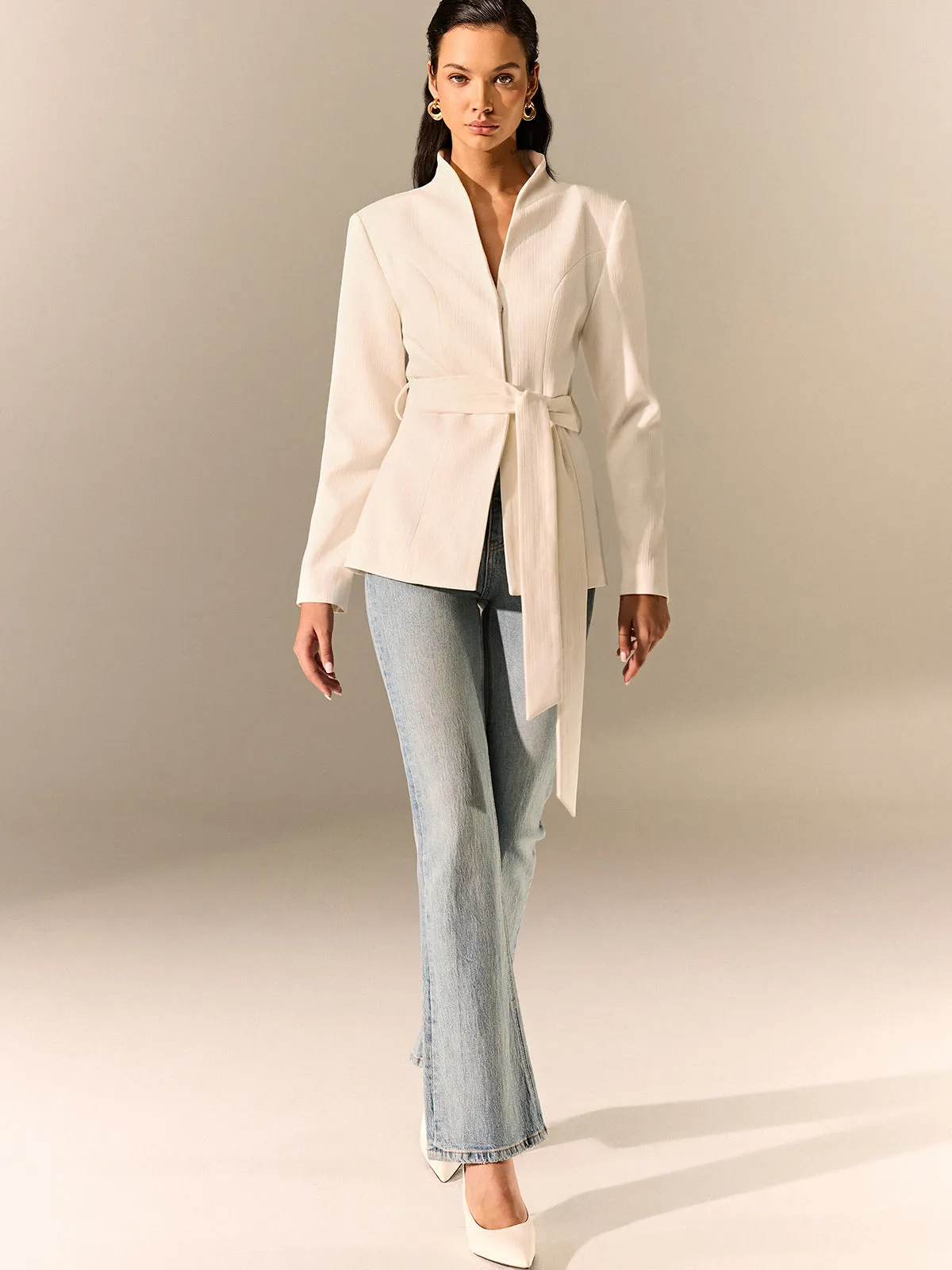 Stand Collar Belted Long Sleeve Blazer sold by COMMENSE product image thumbnail 3