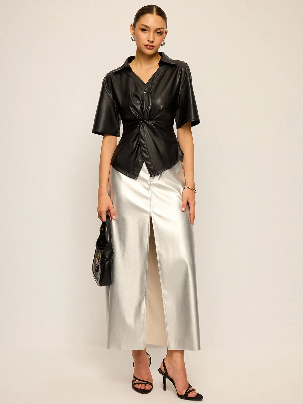 PU Leather Short Sleeve Twisted Blouse sold by COMMENSE product image thumbnail 3