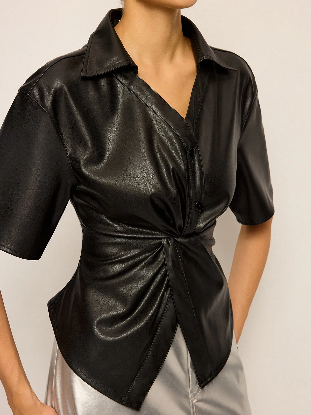 PU Leather Short Sleeve Twisted Blouse sold by COMMENSE product image thumbnail 4