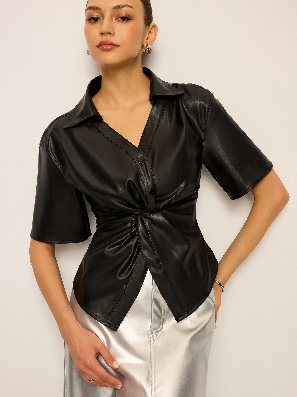 PU Leather Short Sleeve Twisted Blouse sold by COMMENSE product image thumbnail 2