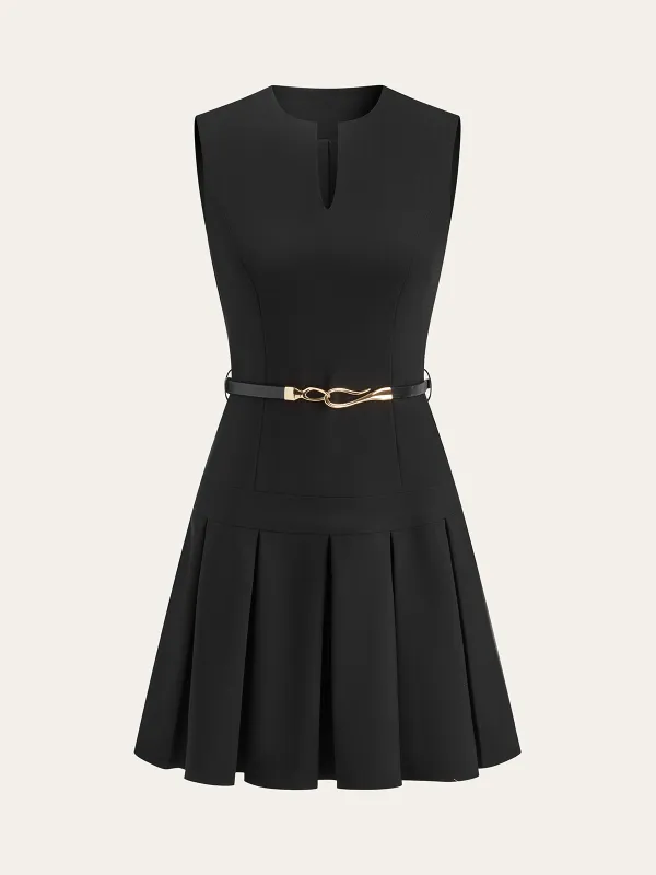 Sleeveless Keyhole-Neck Belted Pleated Mini Dress sold by COMMENSE