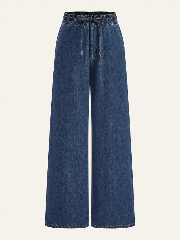 Denim Drawstring Waist Wide-Leg Pants sold by COMMENSE
