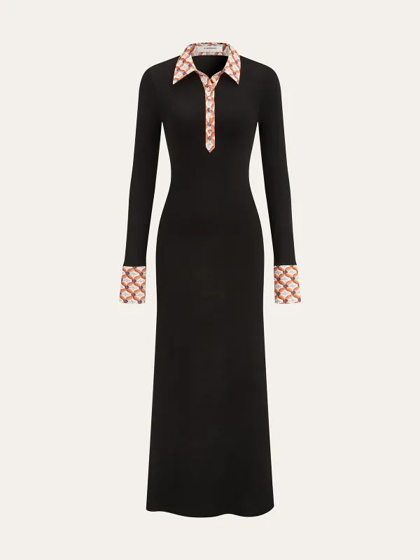 Print Trim Shirt Collar Maxi Dress sold by COMMENSE