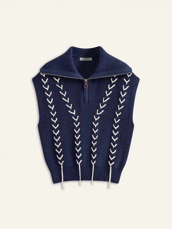 Zip Collared Knit Vest with Stitch Detailing sold by COMMENSE