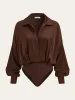 Satin Collared Long Sleeve Bodysuit sold by COMMENSE