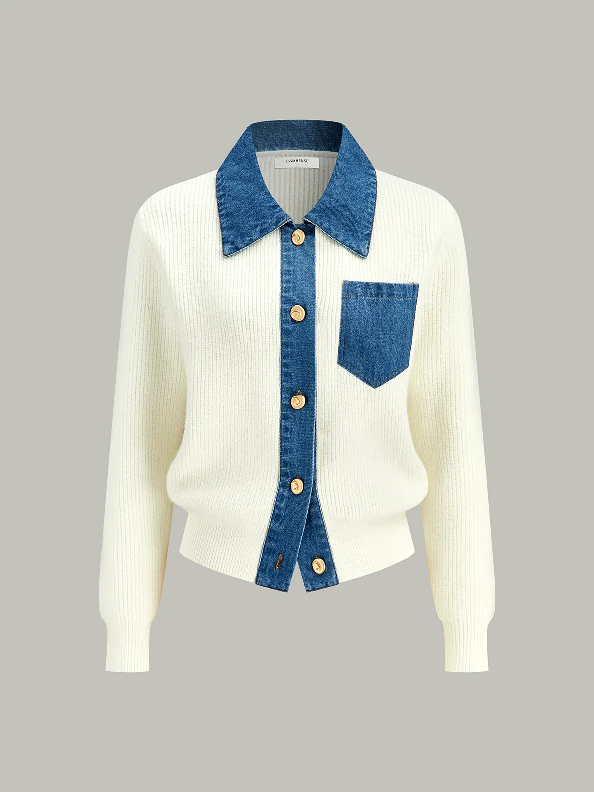 Denim Trim Button Knit Cardigan sold by COMMENSE