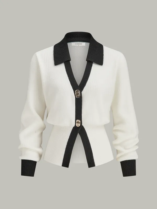 Contrast Trim Button Wool Blend Cardigan sold by COMMENSE