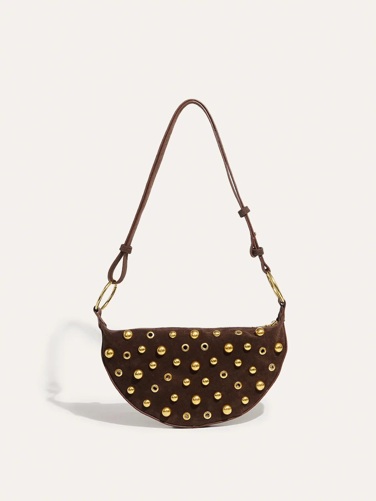 Suede Effect Studded Half-Moon Shoulder Bag sold by COMMENSE
