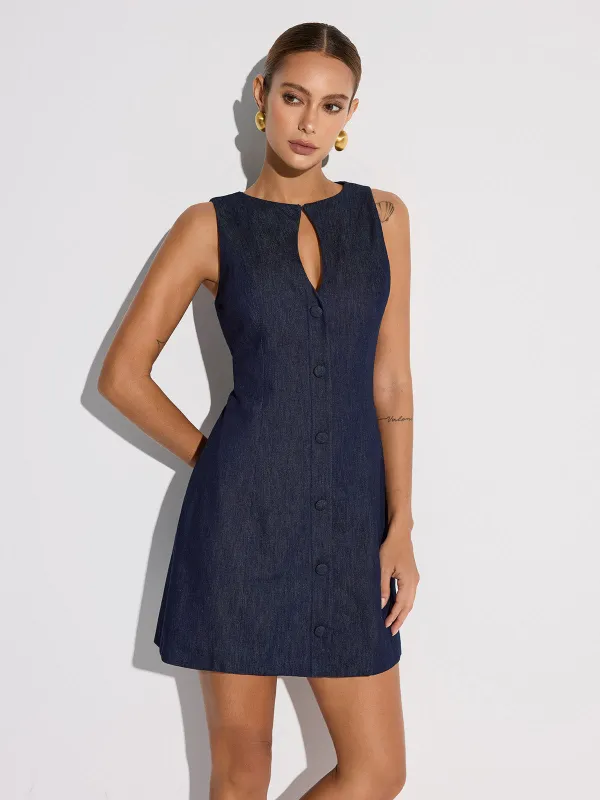 Keyhole Neckline Button Denim Mini Dress sold by COMMENSE