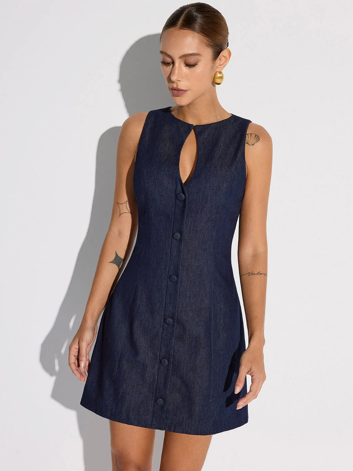 Keyhole Neckline Button Denim Mini Dress sold by COMMENSE product image thumbnail 5