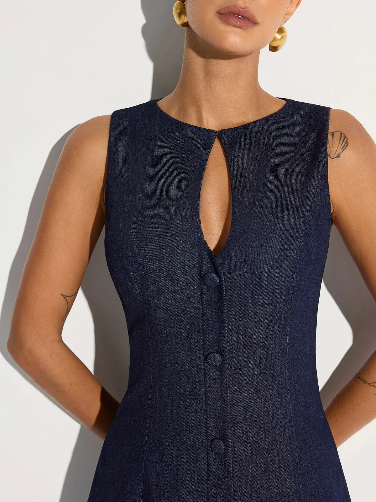 Keyhole Neckline Button Denim Mini Dress sold by COMMENSE product image thumbnail 2
