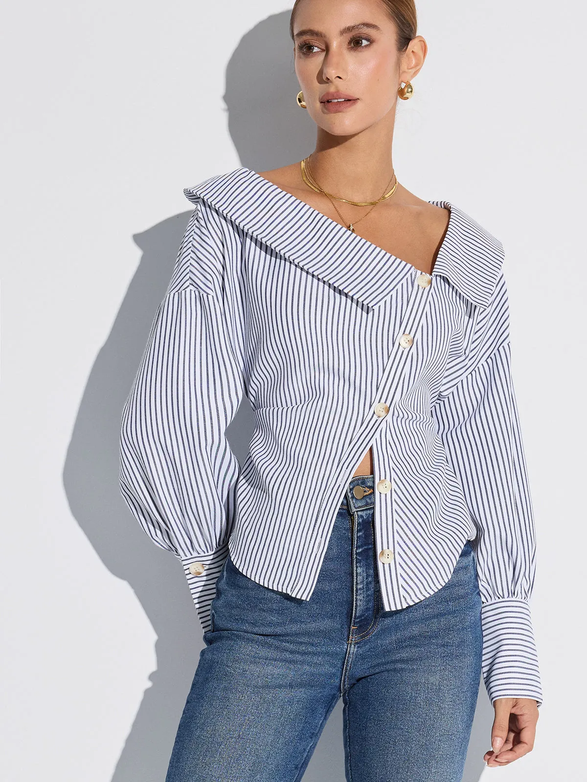 Striped Asymmetrical Placket Button Shirt sold by COMMENSE
