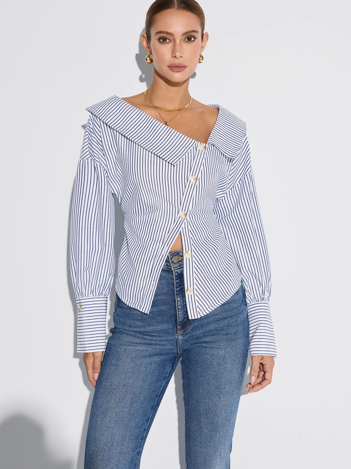 Striped Asymmetrical Placket Button Shirt sold by COMMENSE product image thumbnail 4