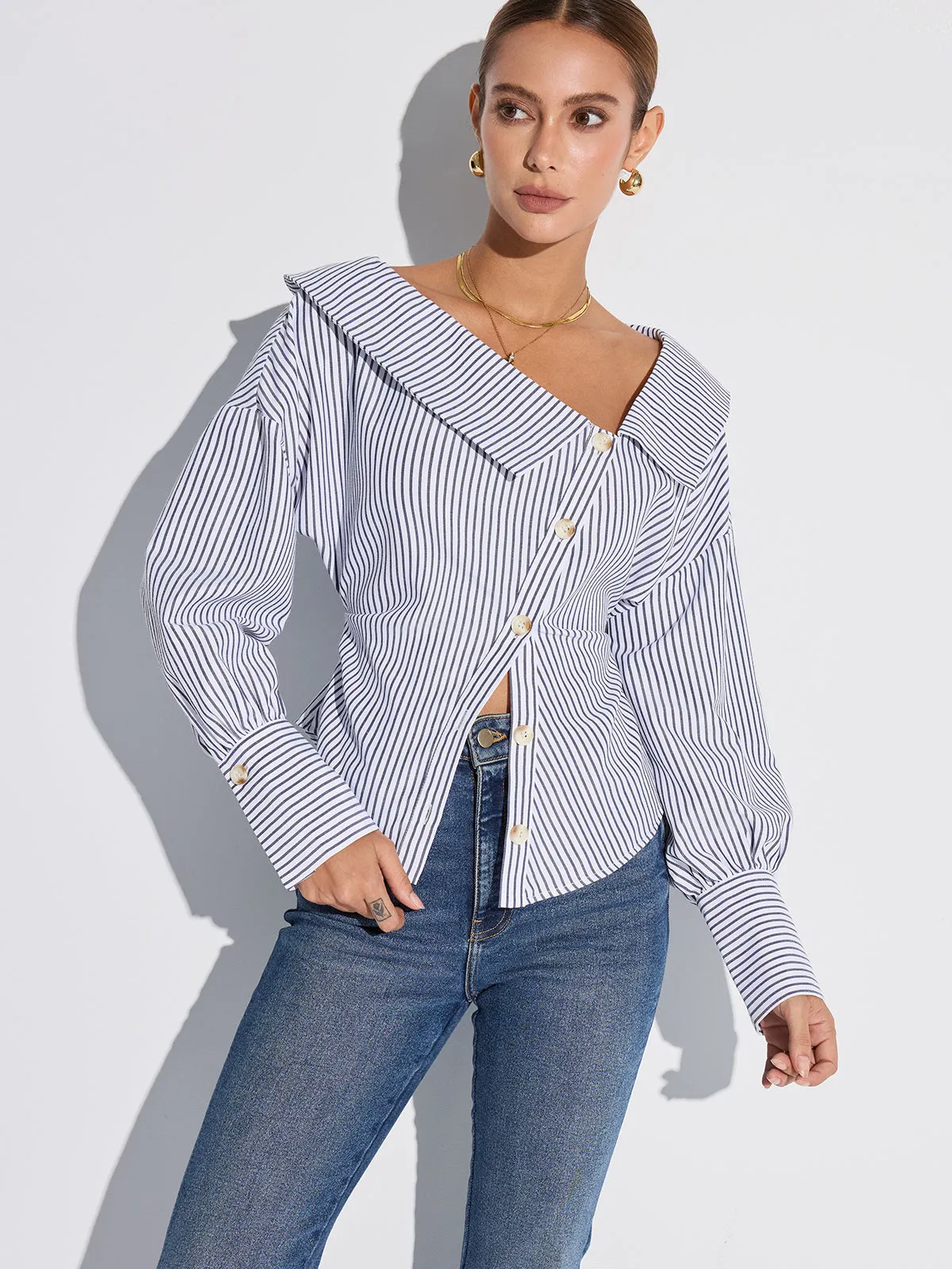 Striped Asymmetrical Placket Button Shirt sold by COMMENSE product image thumbnail 5