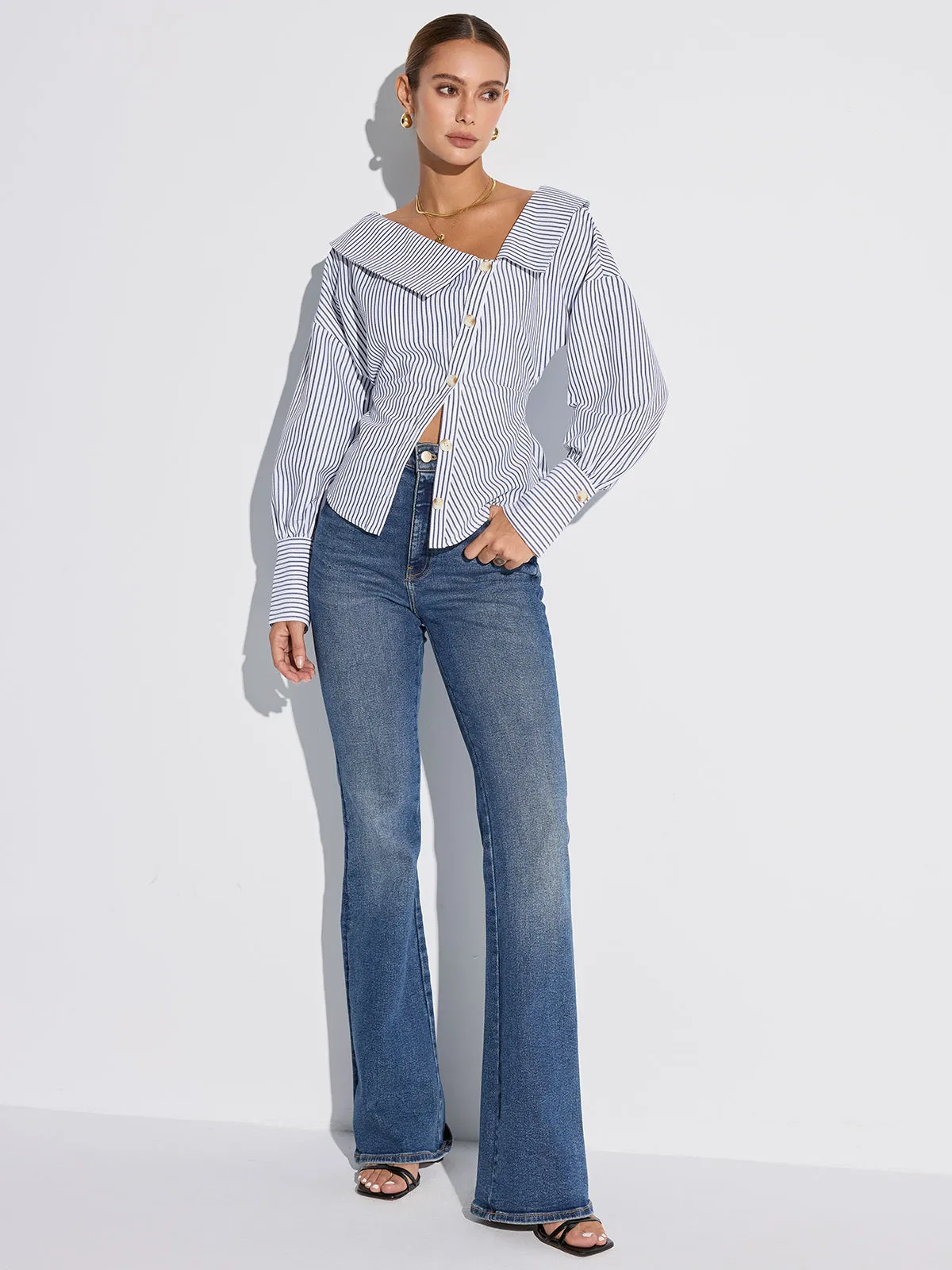 Striped Asymmetrical Placket Button Shirt sold by COMMENSE product image thumbnail 3