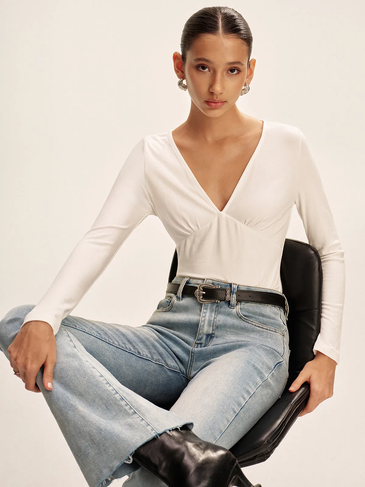 V-Neck Long Sleeve Fitted T-Shirt sold by COMMENSE product image thumbnail 2