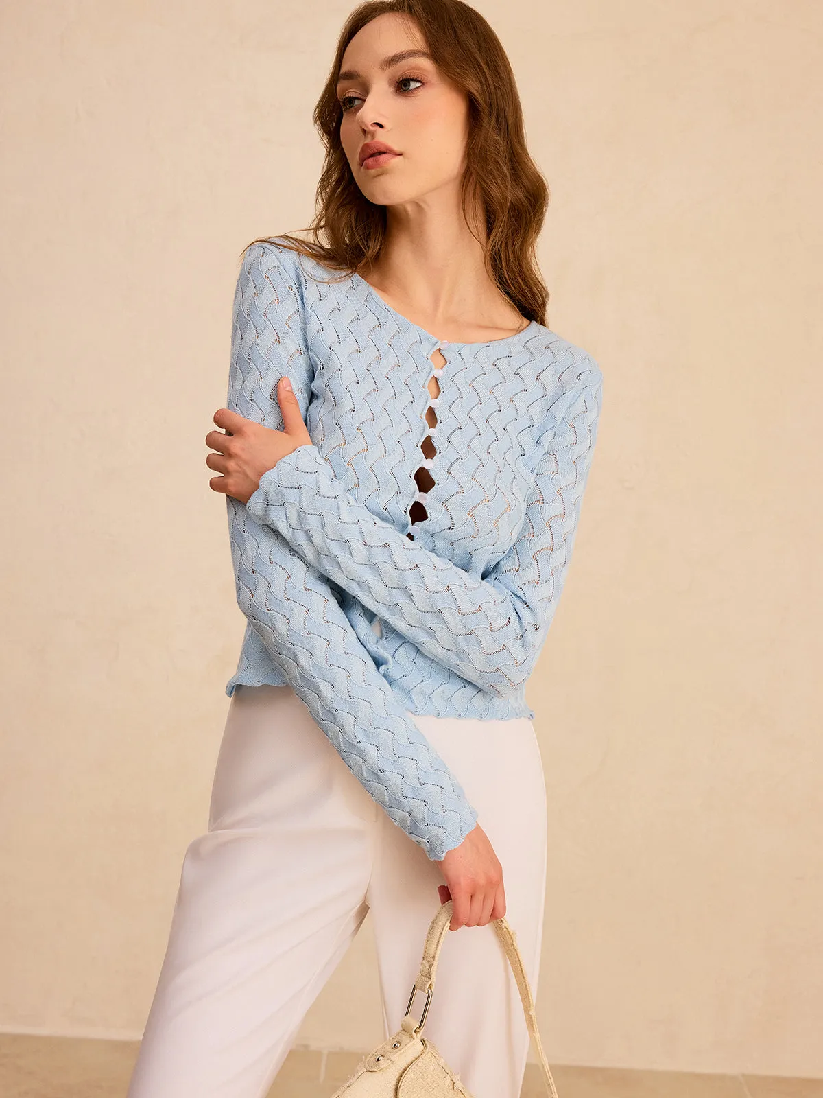 Wave Patterned Button Knit Cardigan sold by COMMENSE product image thumbnail 3
