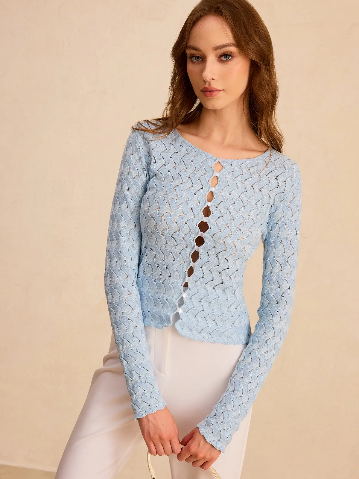 Wave Patterned Button Knit Cardigan sold by COMMENSE product image thumbnail 2