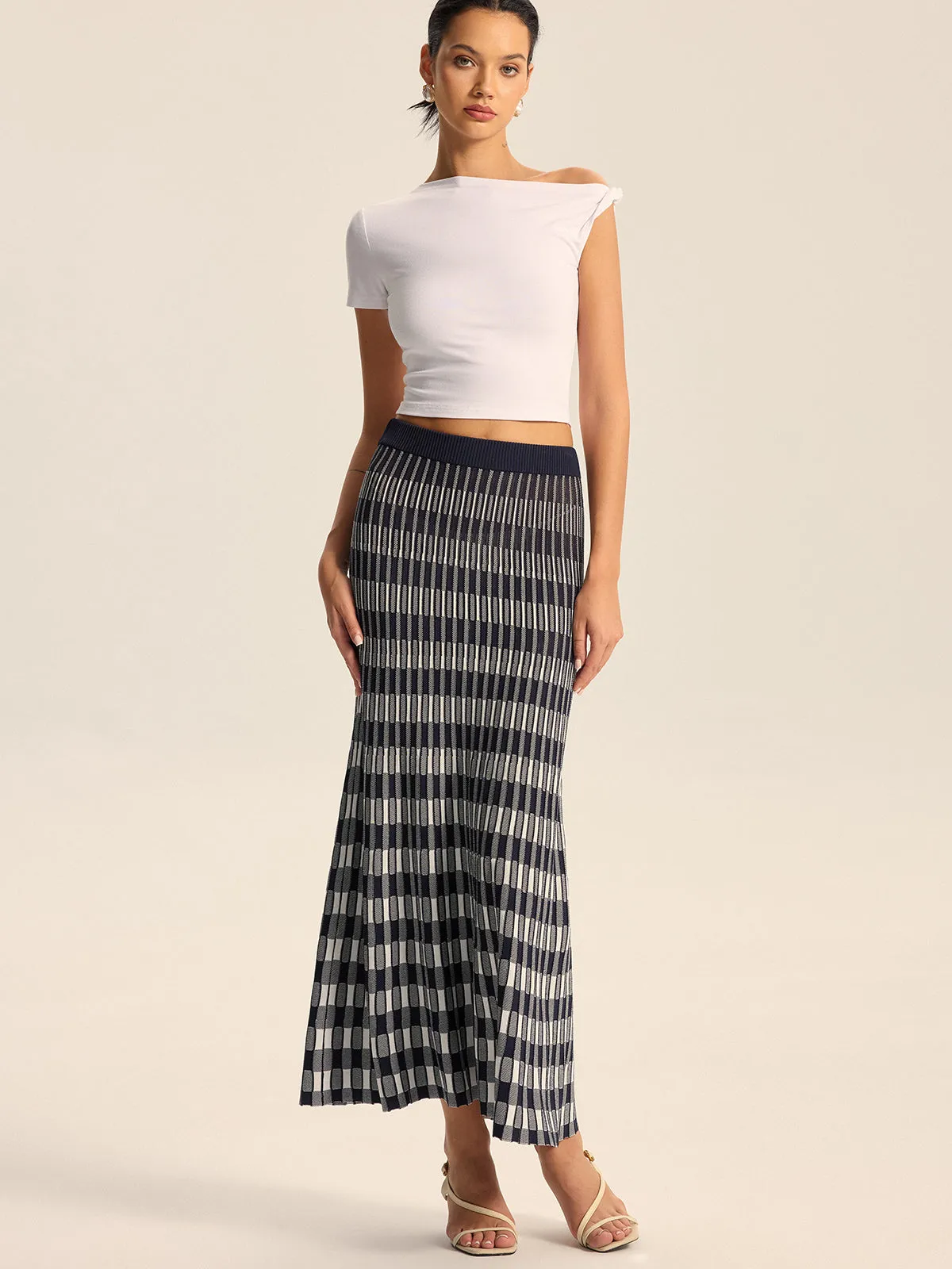 Checkered Knit Maxi Skirt sold by COMMENSE