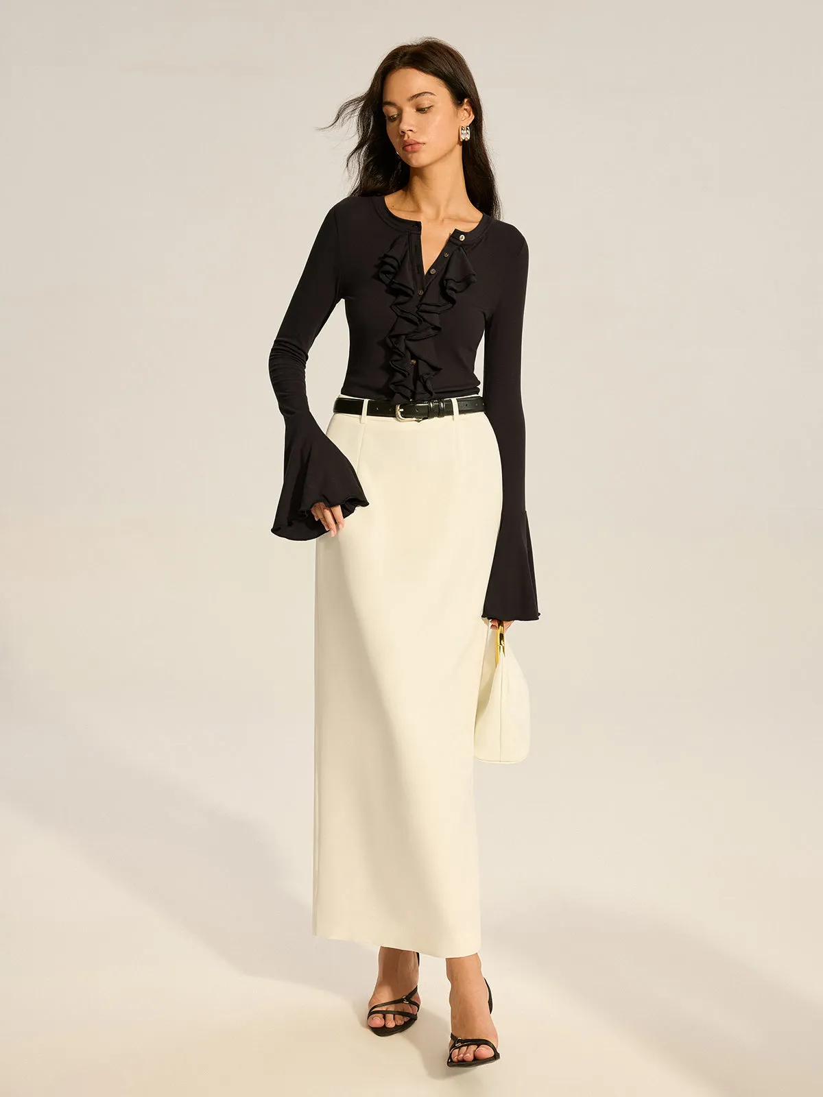 Flared Sleeve Ruffled Button T-Shirt sold by COMMENSE product image thumbnail 3