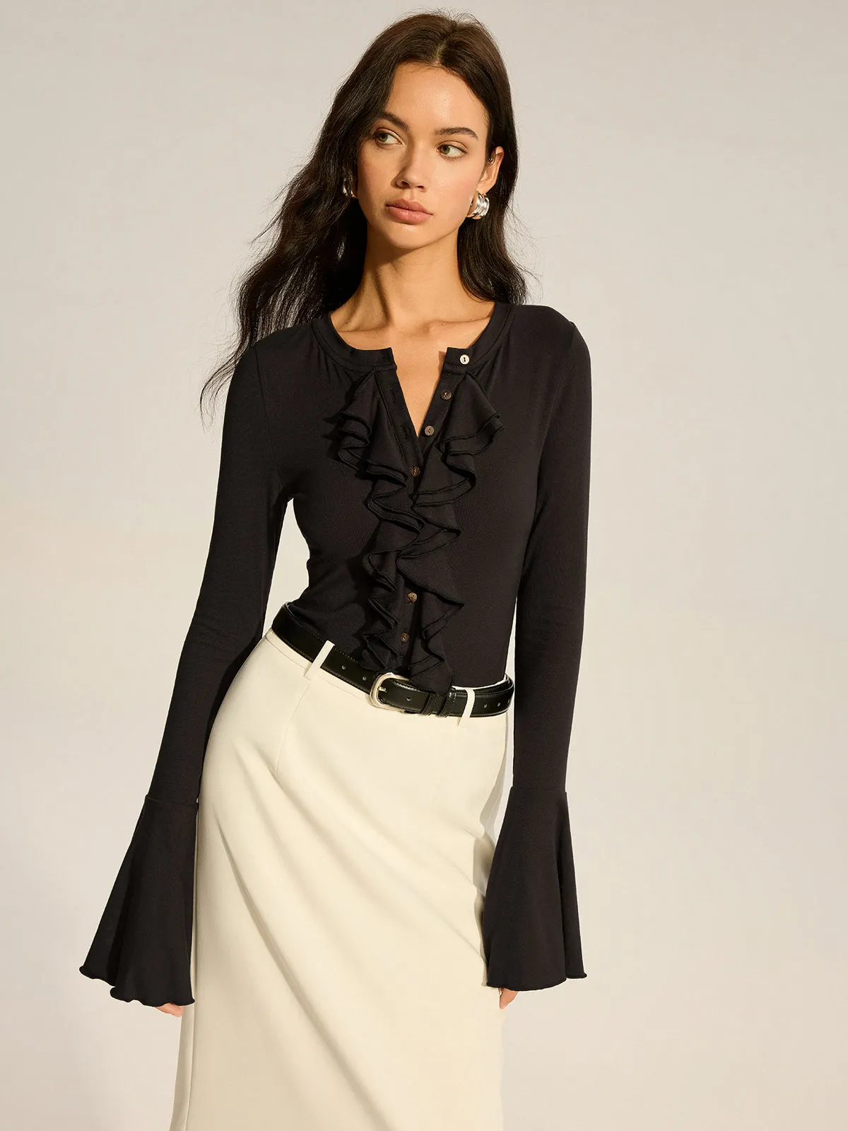 Flared Sleeve Ruffled Button T-Shirt sold by COMMENSE