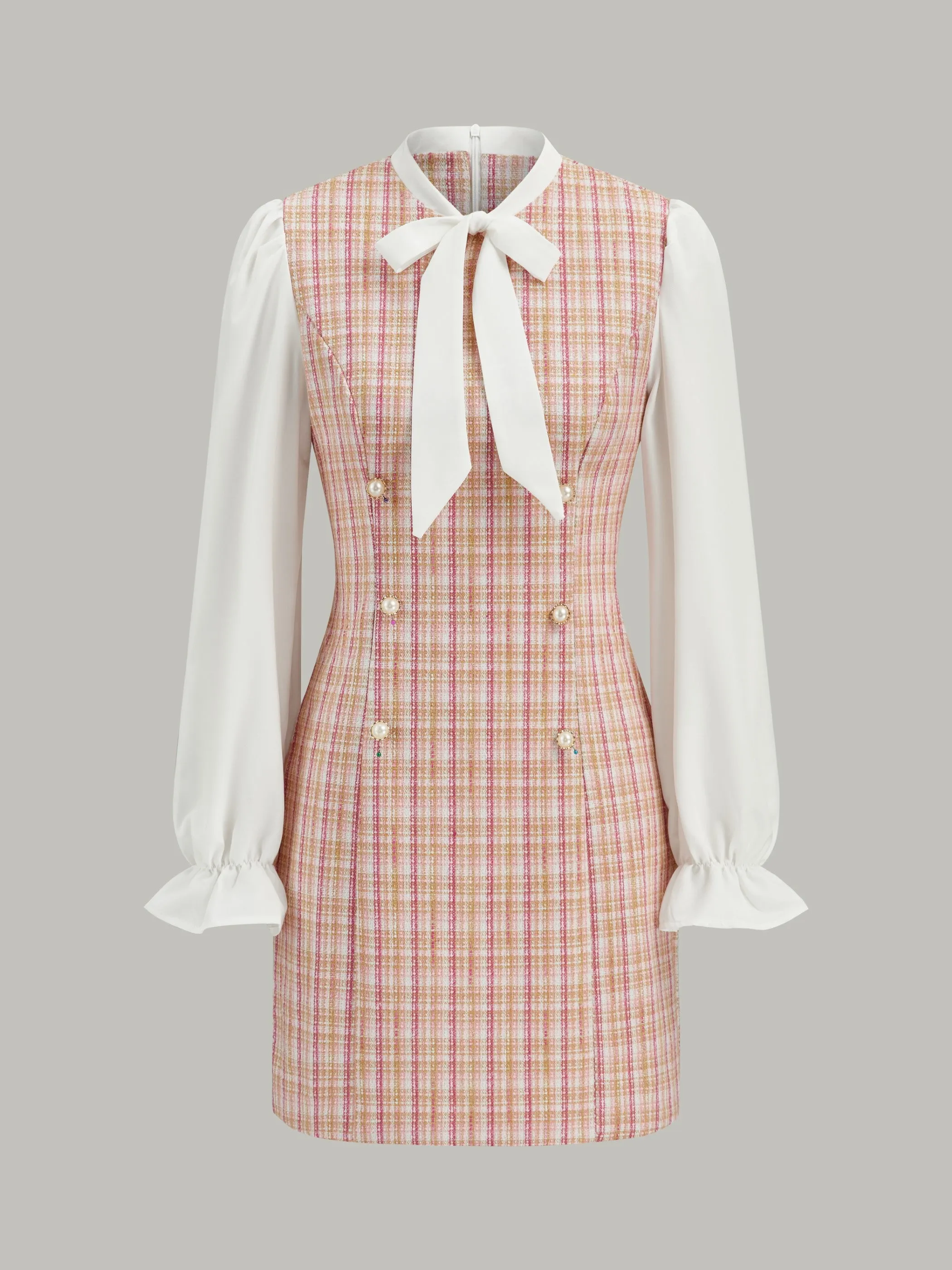 Bow Neckline Tweed Paneled Mini Dress sold by COMMENSE